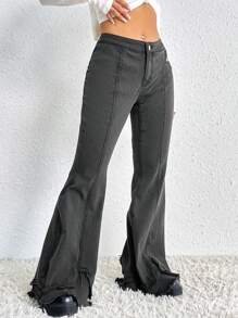 SHEINNeu 腰部鏤空牛仔喇叭褲 - 黑色 - 查看 3