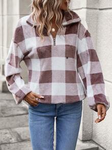 SHEIN LUNE 格紋印花半拉鏈落肩袖毛茸茸運動衫 - 彩色 - 查看 5