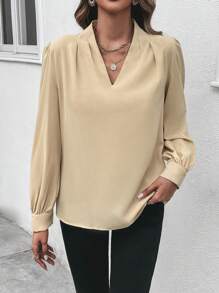 SHEIN Frenchy Solid V Neck Bishop Sleeve Blouse - Khaki - View 3