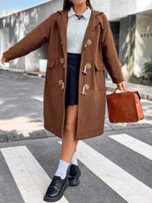 Flirla Plus Flap Pocket Drop Shoulder Duffle Overcoat - Brown - View 6