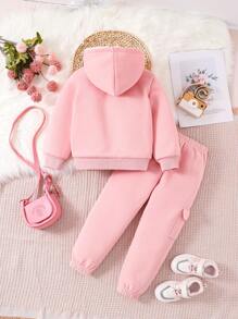 SHEIN 女小童字母補丁細節加絨內裏拉鏈連帽衫和運動褲 - 藕粉色 - 查看 2