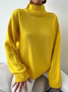 Cloudara Turtleneck Drop Shoulder Sweater - Yellow - View 5