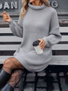 SHEIN Frenchy Áo cao cổ Thả vai Đầm Áo len - Xám - Xem 6