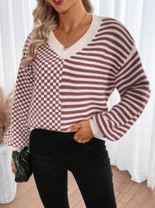 Chiquease Checker & Striped Pattern Drop Shoulder Knit Pullover Fall Winter Sweater - Rust Brown - View 3