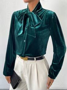 SHEIN Privé Tie Neck Button Front Velvet Shirt - Dark Green - View 6