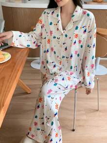 DAZY Cartoon Graphic Drop Shoulder PJ Set - Apricot - View 4