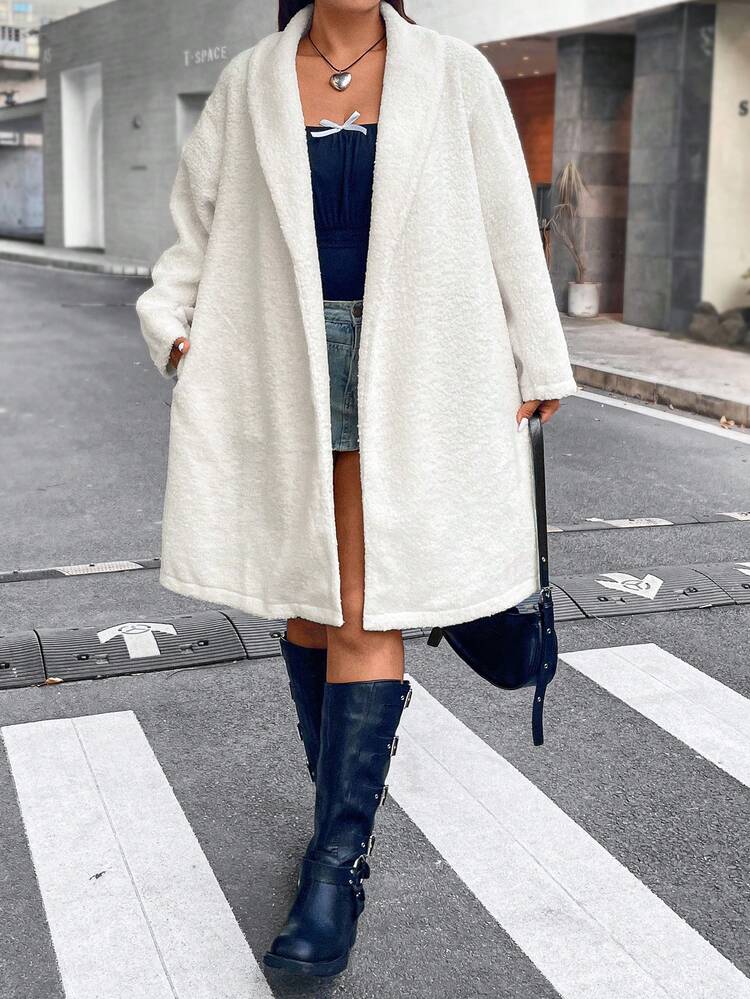 Plus Shawl Collar Belted Teddy Coat