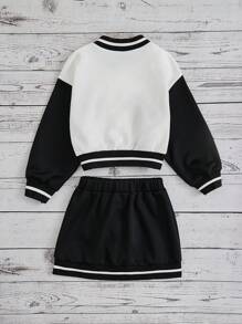 SHEIN Young Girl Letter Printed Contrast Color Baseball Collar Jacket And Skirt Set - Black and White - View 2