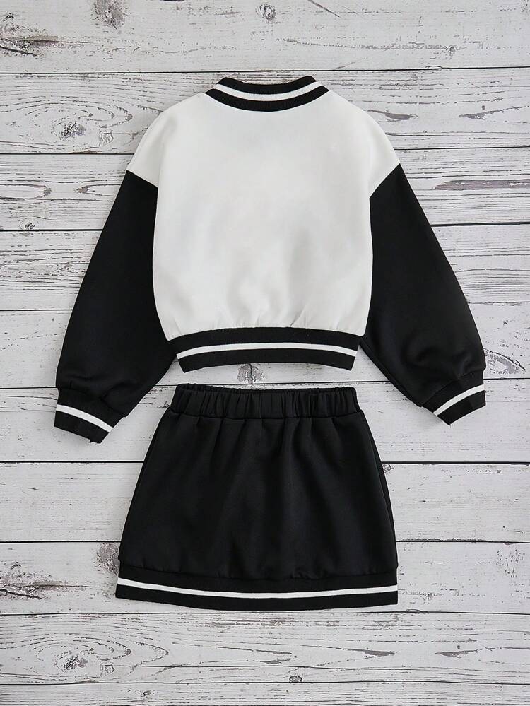 Little Girls' Letter Printed Contrast Color Baseball Collar Jacket And Skirt Set