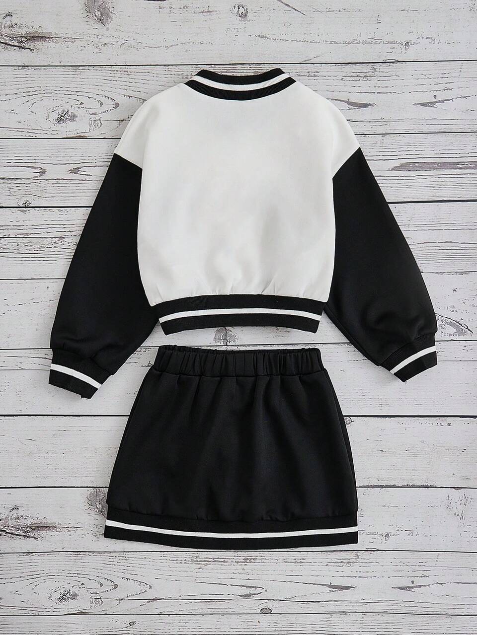 Young Girl Letter Printed Contrast Color Baseball Collar Jacket And Skirt Set