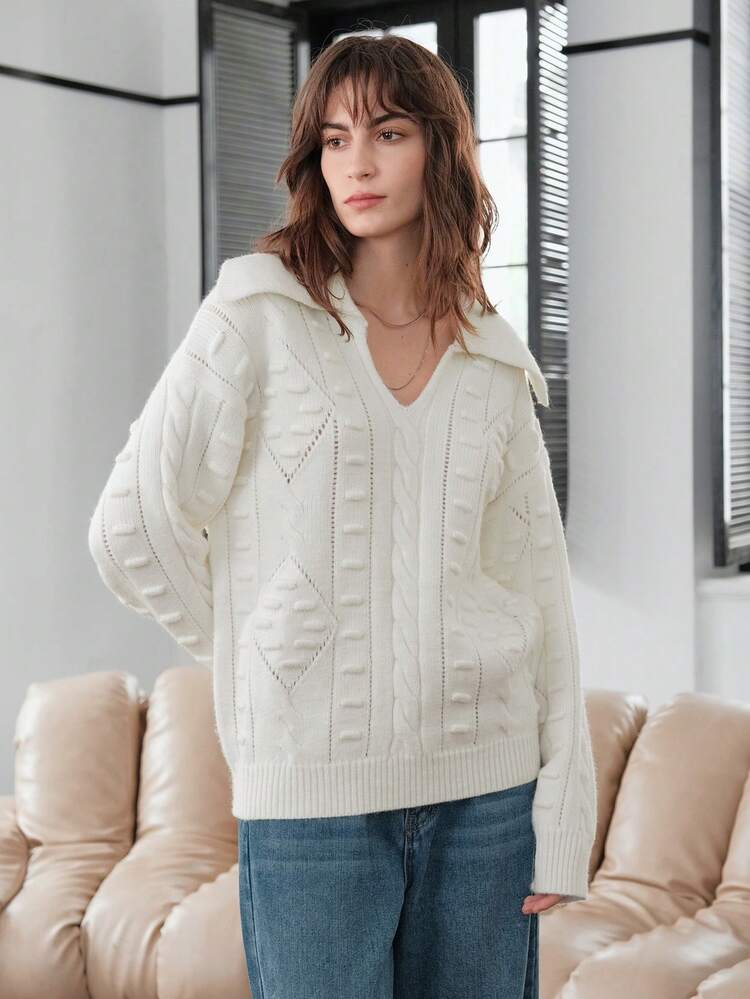 Solid Cable Knit Drop Shoulder Knit Pullover Fall Winter Sweater