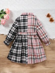 SHEIN 女小童格紋印花腰帶襯衫洋裝