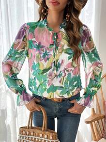 SHEIN VCAY 女士花卉印花領帶襯衫 - 彩色 - 查看 1