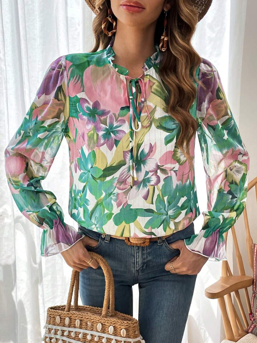 SHEIN VCAY 女士花卉印花領帶襯衫 - 彩色 - 查看 1