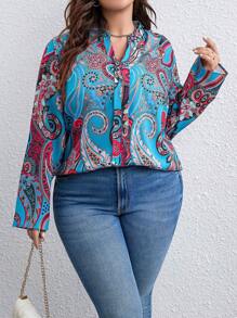 Plus Paisley Print Notched Neckline Blouse - Multicolor - View 1