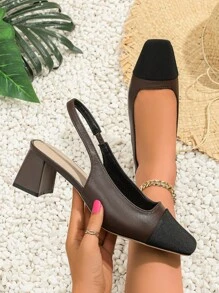 Xin Jing Shoes 女士新款简约方头套脚高跟鞋，时尚粗跟通勤鞋 - 咖啡棕 - 查看 3