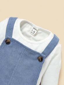 SHEIN Đứa bé gái Áo phông trơn & Đầm Tổng thể - Xanh và trắng - Xem 3