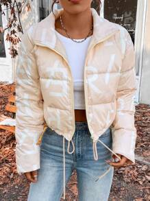 SHEIN Unity Abrigo con estampado de letra bajo con cordón con cremallera - Albaricoque - Ver 6