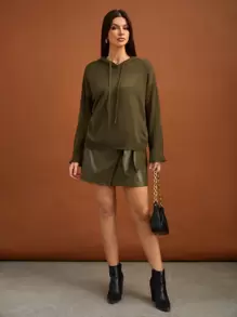 SHEIN Tall Solid Drop Shoulder Drawstring Hooded Sweater, Tall Women - Green - View 4