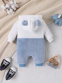 SHEIN Baby Boy Cartoon Embroidery 3D Ear Design Hooded Zipper Front Fleece Costume Jumpsuit - Multicolor - View 2