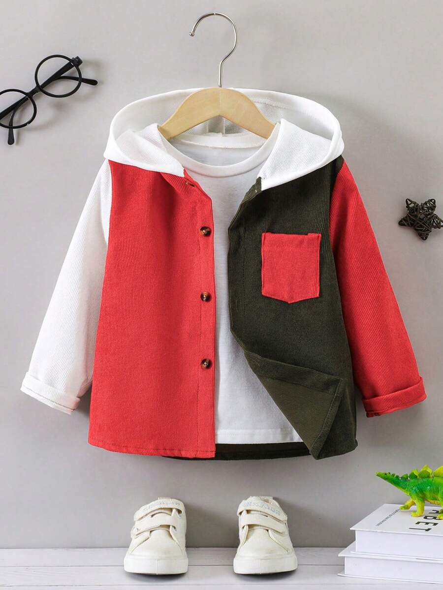 SHEIN Young Boy Colorblock Patched Pocket Hooded Shirt Without Tee - Multicolor - View 1