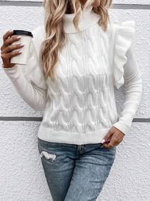 SHEIN Frenchy 1入組高領荷葉邊麻花編織毛衣背心 - 白色 - 查看 6