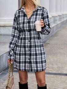 SHEIN Essnce Plaid Print Drop Shoulder Shirt Dress