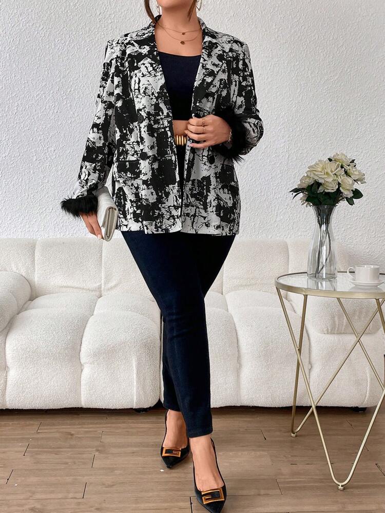 Plus Size Women's All Over Printed Plush Cuffs Suit