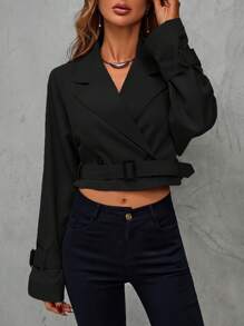 SHEIN Clasi 西裝領扣飾袖口短款風衣外套 - 黑色 - 查看 4