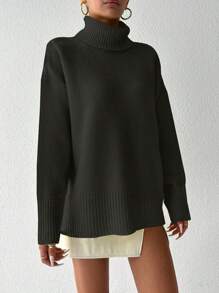 EURMUSE 高領落肩袖套頭毛衣 - 黑色 - 查看 3