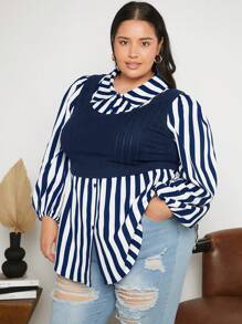 SHEIN CURVE+ Plus Striped Print Lantern Sleeve Curved Hem 2 In 1 Top - Navy Blue - View 3