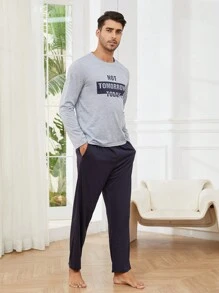 Men Letter Graphic PJ Set - Light Grey - View 3