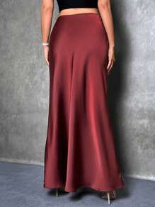 Glamine Women's Satin Skirt, Versatile Fish Tail Hem Skirt, Elegant Daily Wear Dress, Red - Red - View 2