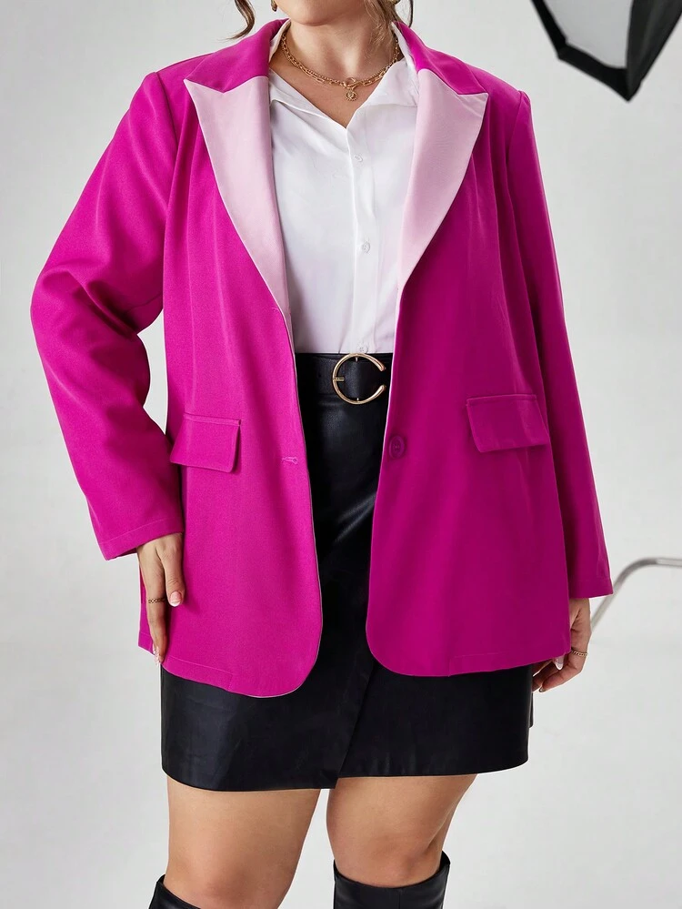 Plus Contrast Lapel Neck Blazer Without Belt