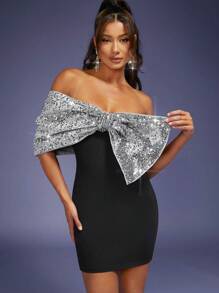 Hauture Big Bow Sequin Contrast Bodycon Dress - Black - View 1
