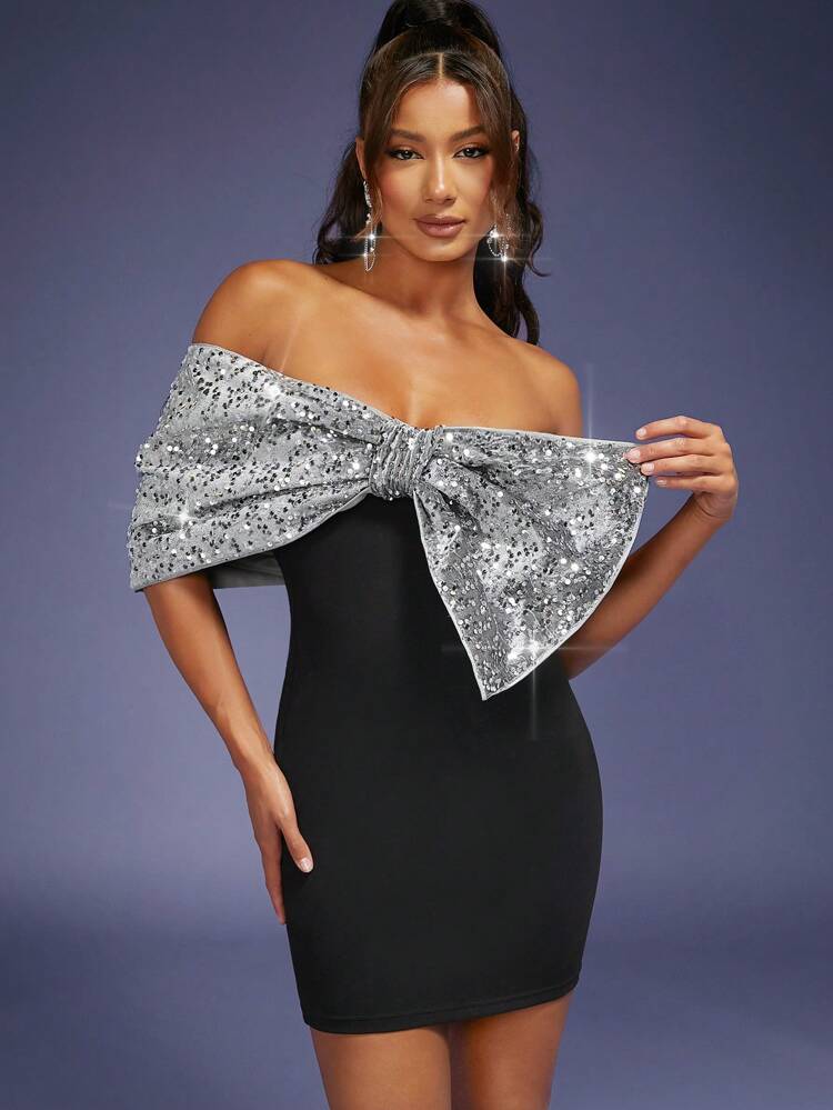 Big Bow Sequin Contrast Bodycon Dress
