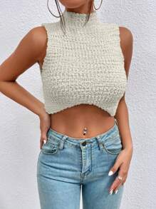 Chiquease Solid Mock Neck Crop Sweater Vest - Beige - View 4