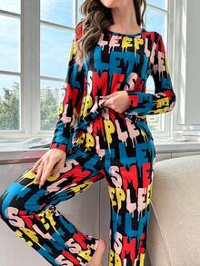Conjunto de pijama pantalones con camiseta con estampado de letra - Multicolor - Ver 3
