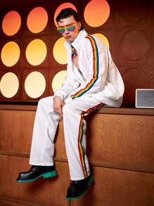 Manfinity Men Rainbow Striped Tape Side Jacket & Pants - White - View 1