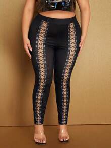 SHEIN SXY Quần legging nữ cỡ lớn in họa tiết buộc dây, có chun co giãn, gợi cảm, thích hợp cho câu lạc bộ đêm giao thừa. - Nhiều màu - Xem 6