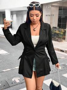 Flirla 大碼側邊綁帶素色西裝外套 - 黑色 - 查看 6