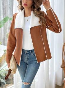 SHEIN VCAY Teddy Lined Open Front Coat - Multicolor - View 3