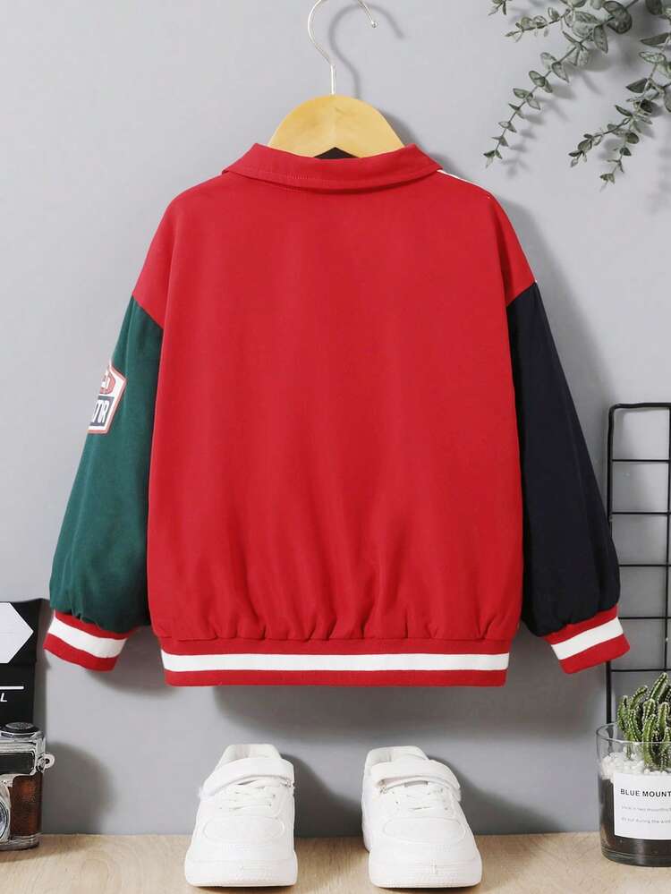 Young Boy Slogan Graphic Colorblock Thermal Lined Varsity Jacket Without Sweatshirt