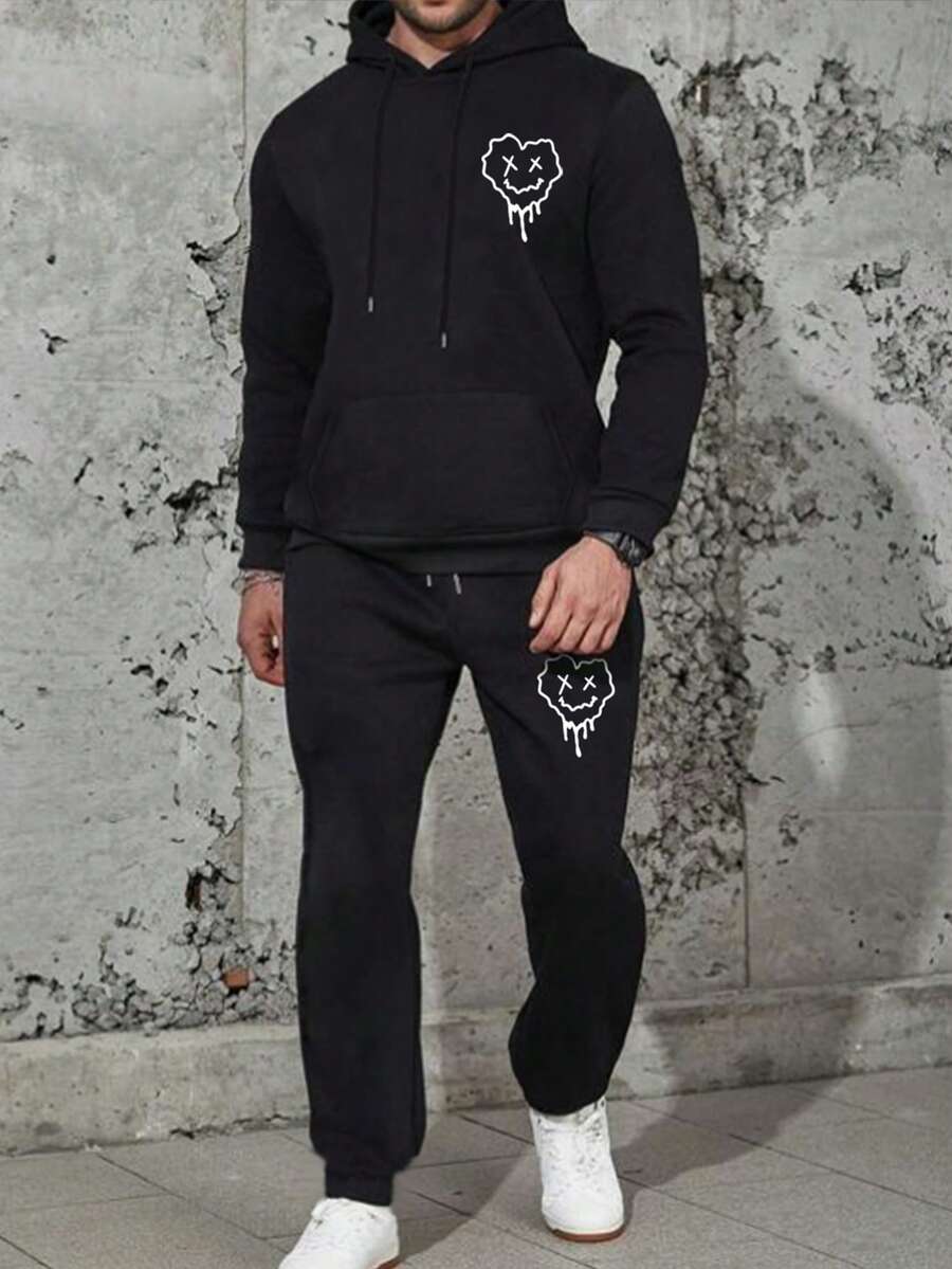 Manfinity EMRG 男士卡通圖案抽繩連帽衫和運動褲 - 黑色 - 查看 1