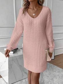 SHEIN Essnce Vestido de punto de hombros caídos tejido de canalé sin cinturón - Rosa - Ver 1
