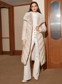 Anewsta Women's Collar Asymmetrical Pocketed Padded Coat - Beige - View 6