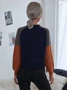 SHEIN LUNE Khối màu Cổ giả Tay Raglan Áo len - Màu xanh lam - Xem 2