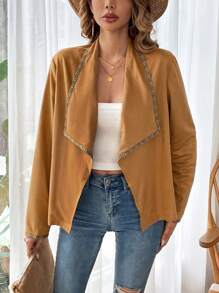 SHEIN VCAY Women's Patchwork Embroidered Edge Lapel Front Zipper Jacket - Brown - View 6