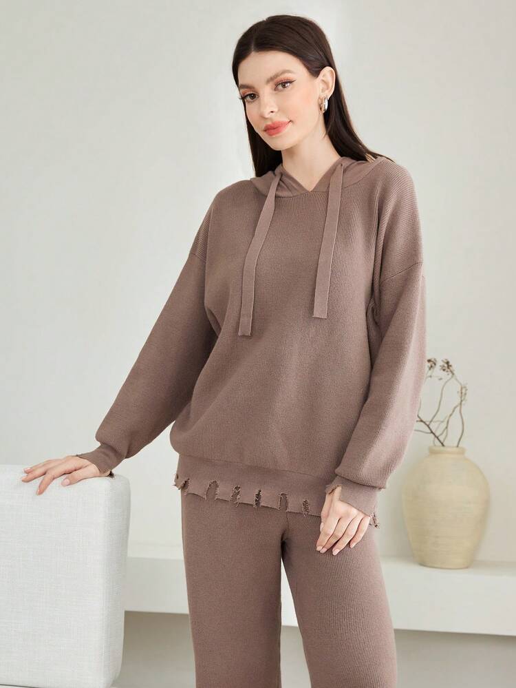 Drop Shoulder Drawstring Hooded Sweater & Knit Pants 2 Piece Set Fall Cloth For Women