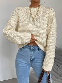 Chiquease Solid Drop Shoulder Knit Pullover Fall Winter Sweater - Apricot - View 3